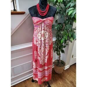 Angle Women's Red Floral 100% Rayon Off The Shoulder Long Maxi Dress Size M